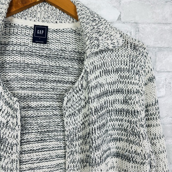 Gap Open Front Knit Cardigan Sweater Notch Neck Collar Pockets Large White Black - Picture 2 of 10